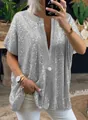 Γυναικεία casual μπλούζα με ασημί πούλιες και λαιμόκοψη V - S / Tops / Ασημί