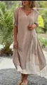Beige V-neck short sleeve dress with layered asymmetrical hem and button details. - S / Dresses / Khaki