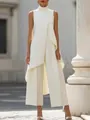 Elegante completo bianco senza maniche con top a strati e pantaloni a gamba larga - Taglia S / Top E Pantaloni / Bianco