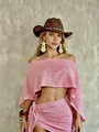 Completo rosa top a spalle scoperte e gonna a portafoglio per la spiaggia e le vacanze - Rosa