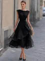 Detail view of black mesh midi dress with elegant ruffle layering and slim waist design. - S / Dresses / Black
