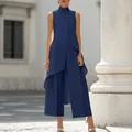 Elegante completo blu navy composto da top senza maniche a collo alto e pantaloni larghi - Blu zaffiro