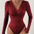 Elegant burgundy floral lace long sleeve V-neck bodysuit with scalloped edges. - S / Set (116315#) / Burgundy