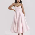 Elegant light pink spaghetti strap bustier midi dress with flared puffy skirt for women - S / Pink