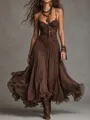Detail view of a vintage chocolate brown lace patchwork slip dress in bohemian style - S / Dresses / Dark Brown