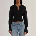 Black slim fit round neck single-breasted cropped knit cardigan sweater for women - S / Tops / Black