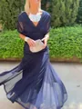 Elegantes marineblaues Maxikleid mit V-Ausschnitt und Mesh für Strand oder Abendpartys - S / Kleider / Dunkelblau