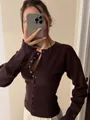 Elegant dark brown round neck button-down slim fit ribbed knit cardigan for women - S / Tops / Coffee