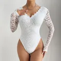 Close-up detail view of elegant white floral lace bodysuit with scalloped V-neckline - S / Set (116315#) / White