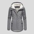 Detailed front view of women's grey hooded winter jacket with warm white fleece lining - S / Gray