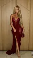 Sexy deep red mesh halter dress featuring daring cut-outs and a high slit for summer - Burgundy