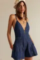 Women's deep V-neck denim romper with thin straps and pleated loose leg shorts - XS / Set / Denim Blue