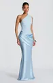 Close-up showing the elegant draping and ruched detail of a light blue one-shoulder evening gown - XS / Dresses / Light Blue