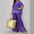 Elegantes lila zweiteiliges Chiffon-Set mit Pailletten und weite Hose Skizze - S / Oberteil Und Unterteil / Lila