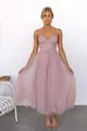 Elegant mauve spaghetti strap tulle evening dress featuring a corset bodice detail - S / Pink