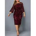 Close-up of elegant burgundy sequin party dress with sheer mesh sleeves and midi length - Lotus root pink