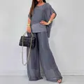 Zweiteiliges dunkelgraues Sommer-Chiffon-Set mit Pailletten-Oberteil und weiten Hosen - S / Oberteil Und Unterteil / Grau
