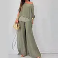 Eleganter olivgrüner Chiffon-Anzug mit Pailletten-Oberteil und weitem Hosenbein - S / Oberteil Und Unterteil / Grün