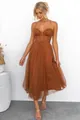 Elegant rust brown mesh evening dress with corset bodice and spaghetti straps detail - S / Yellow