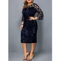 Elegant navy blue sequin party dress with mesh patchwork and 3/4 sleeves for women. - S / Dresses / Navy Blue