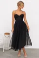 Elegant black corset dress with spaghetti straps and voluminous tulle midi skirt - S / Black