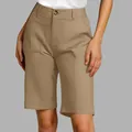 Close-up of khaki high-waisted tailored Bermuda shorts on female model for summer - S / Bottoms / Khaki
