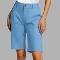 Detail view of light blue women's high-waisted Bermuda shorts with large pockets - S / Bottoms / Light Blue