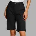 Detailed front view of high-waisted black knee-length suit shorts for women summer wear - Black