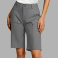 Detail of women's grey bermuda suit shorts with decorative stitching and front pockets - Dark Gray