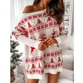 Women's red and white Christmas jacquard oversized knit sweater dress detail view - S / Dresses / White