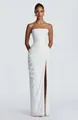 Elegant white strapless maxi dress with asymmetric draping and sexy high side slit. - S / Dresses / White