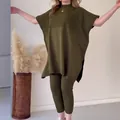 Conjunto de punto de dos piezas verde oliva con top murciélago y mallas de canalé suaves - XS / Top Y Pantalón / Verde oliva