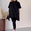 Conjunto de dos piezas de punto negro oversize con mangas murciélago y textura de canalé - XS / Top Y Pantalón / Negro