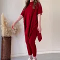 Conjunto casual de dos piezas de punto rojo con top oversize de murciélago y leggings - XS / Top Y Pantalón / Rojo