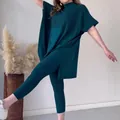 Conjunto de punto azul verde con mangas de murciélago y leggings de canalé - XS / Top Y Pantalón / Verde pavo real