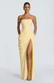 Elegant strapless yellow maxi dress with asymmetrical pleats and high leg slit detail - S / Dresses / Yellow
