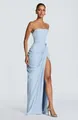 Elegant light blue strapless dress featuring chic asymmetric ruching and a high slit. - S / Dresses / Light Blue