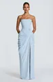 Detail view of light blue strapless maxi dress with elegant draping and high slit - XS / Dresses / Light Blue