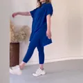 Conjunto holgado de punto azul de dos piezas con top de murciélago y leggings - Azul