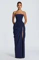 Elegant navy blue strapless maxi dress with asymmetrical pleats and high leg slit - S / Dresses / Navy Blue
