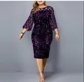 Elegant purple sequined midi party dress featuring mesh patchwork sleeves and slim fit design - S / Dresses / Purple