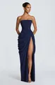 Full view of elegant navy blue asymmetric pleated strapless maxi dress with high slit - XS / Dresses / Dark Blue