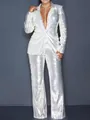 Detailed view of elegant women's two-piece white sequin blazer and wide-leg trousers set - S / Top And Bottom / White