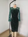 Elegant dark green sequin party dress with sheer mesh neckline and long sleeves for women - Green