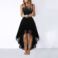 Elegant black sleeveless high-low evening dress with lace bodice and chiffon skirt detail - XS / Dresses / Black