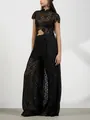 Full view of black lace two-piece set with hollow round neck and slit trouser design. - L / Top And Bottom / Black