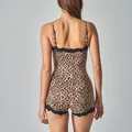 Sexy leopard print bodysuit featuring delicate lace trim and a slim fit boyleg design - S / Camisole Jumpsuit / Sandalwood Leopard Print