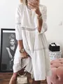 Close-up view of white lace midi dress with hollow embroidery and chic 3/4 sleeves - 4XL / Dresses / White