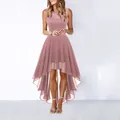 Elegant pink high-low evening dress featuring a lace bodice and flowing chiffon skirt - Pink