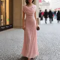 Elegant dusty rose maxi dress featuring a draped cowl neckline and exquisite side pleats detail. - S / Dresses / Pink